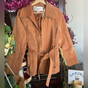 Colebrook & Co Cognac Leather/Suede Zipper Coat Gathered w/ Tie Zipped Pockets